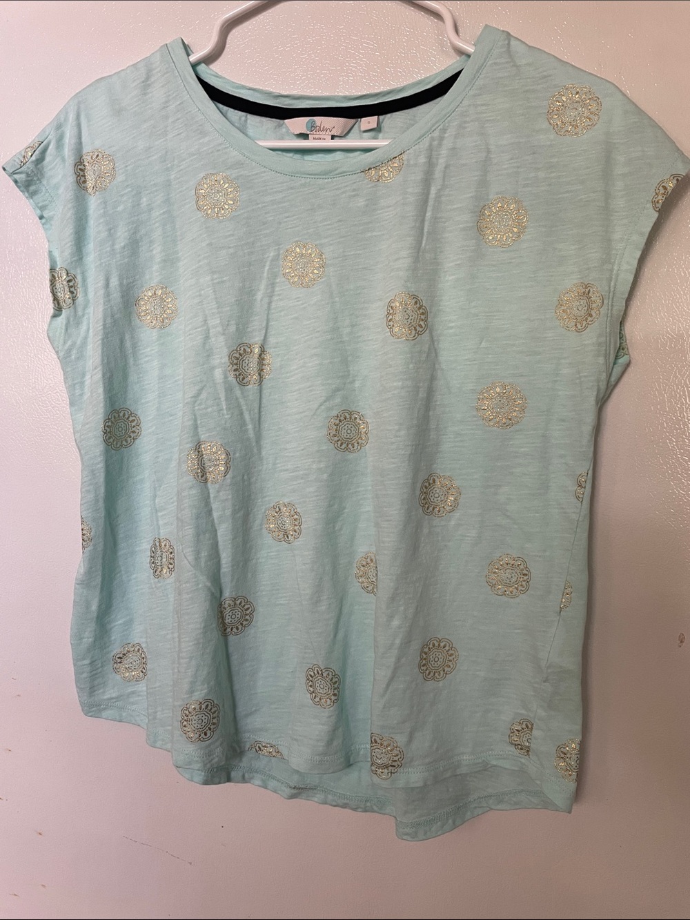 Boden Small 100% Cotton Aqua Gold Metallic Design Tee